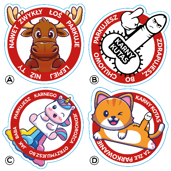 Karne naklejki za złe parkowanie etykiety wodoodporne MIX 25 sztuk Sticky Studio
