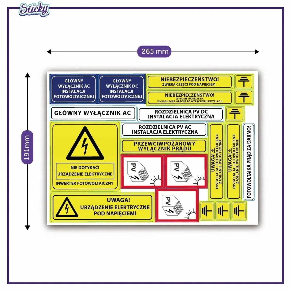Zestaw naklejek ostrzegawczych FOTOWOLTAIKA nowe wymogi wodoodporne Sticky Studio