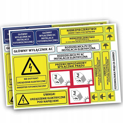 Zestaw naklejek ostrzegawczych FOTOWOLTAIKA nowe wymogi wodoodporne Sticky Studio