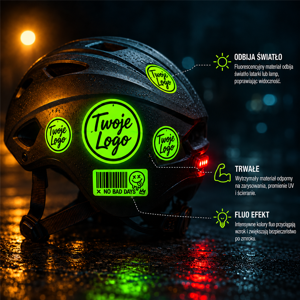 Zielone naklejki fluorescencyjne z logo – neonowy efekt dla Twojej marki